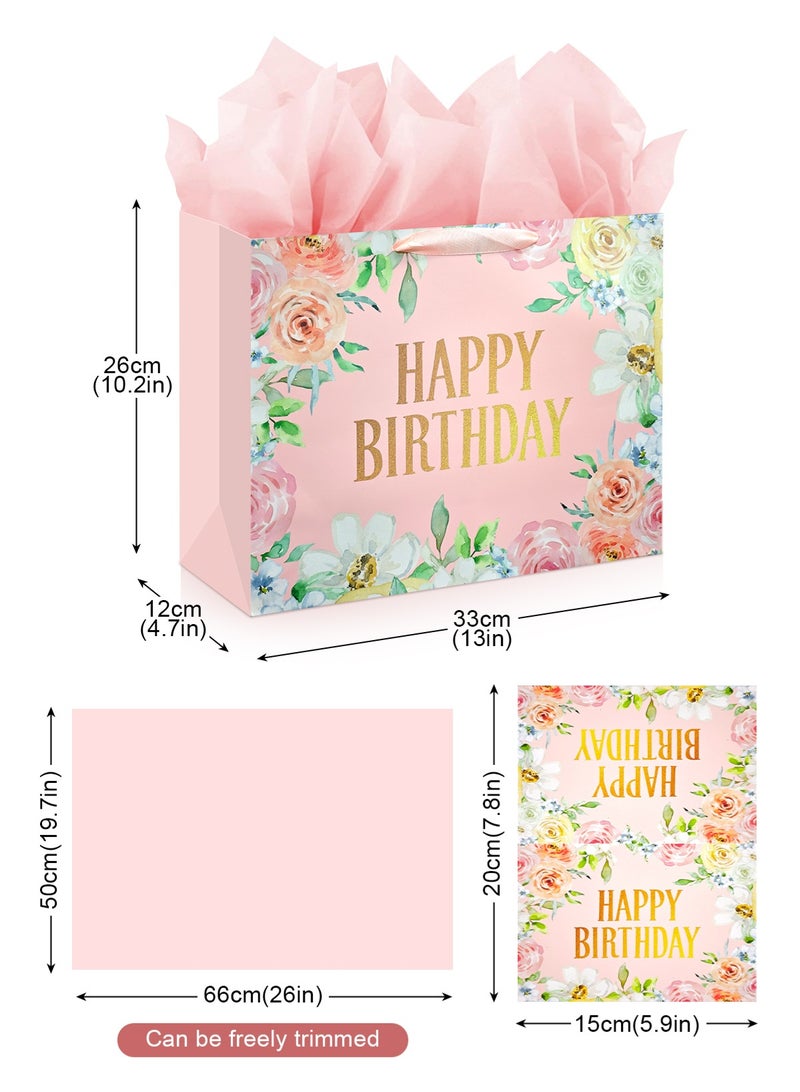 HomarKet 4 Pack Large Happy Birthday Gift Bag with Card and Tissue Papers, Handles Floral Design for Women Girls Birthday Party 33x12x26cm，Pink - Image 2